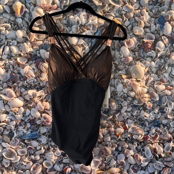 Amoressa Black and Bronze one Piece NWT Swimsuit.
Size 10. - Picture 6 of 9